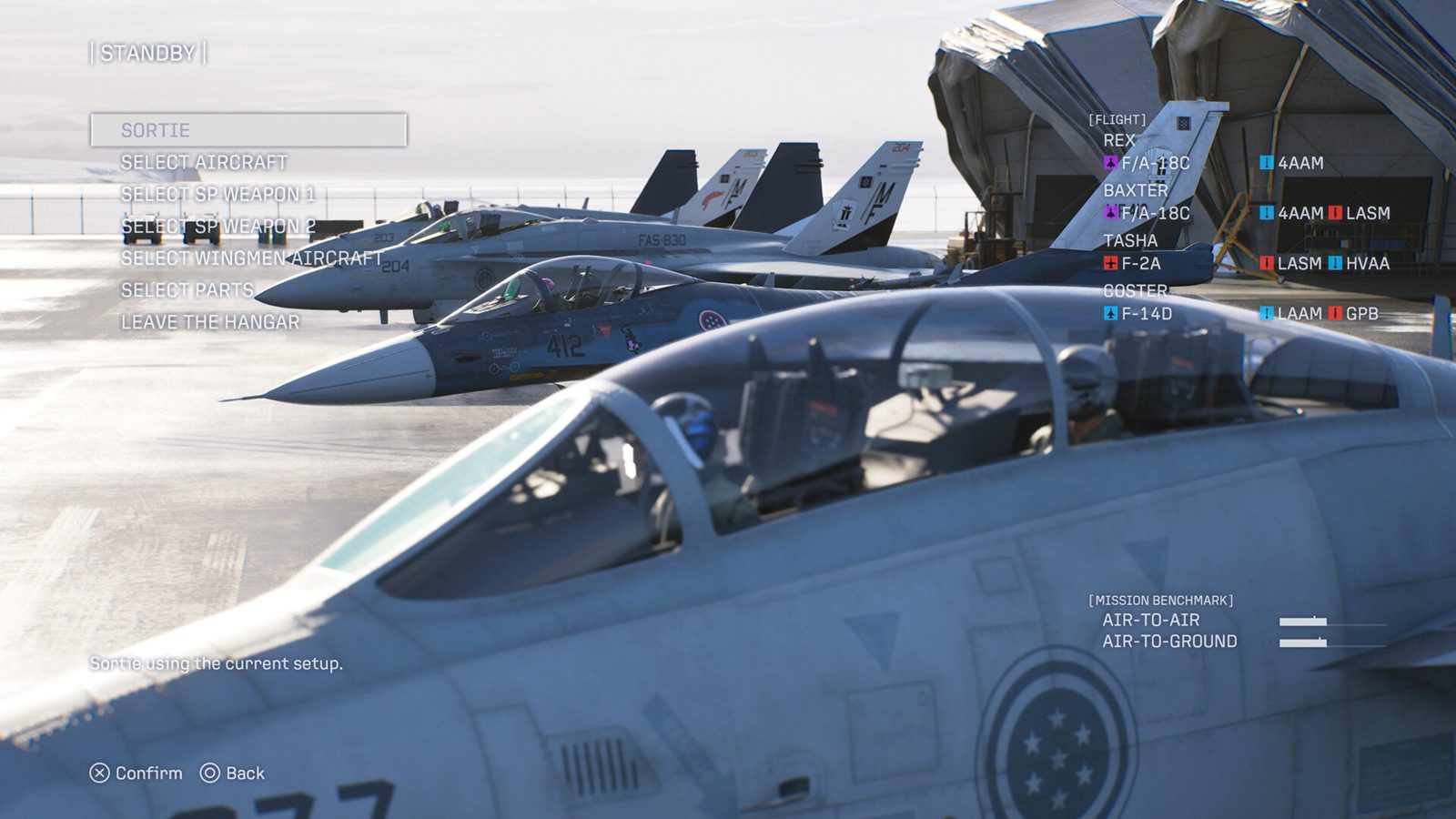ACE COMBAT 8 screenshot: jets on a carrier deck at the hangar standby screen